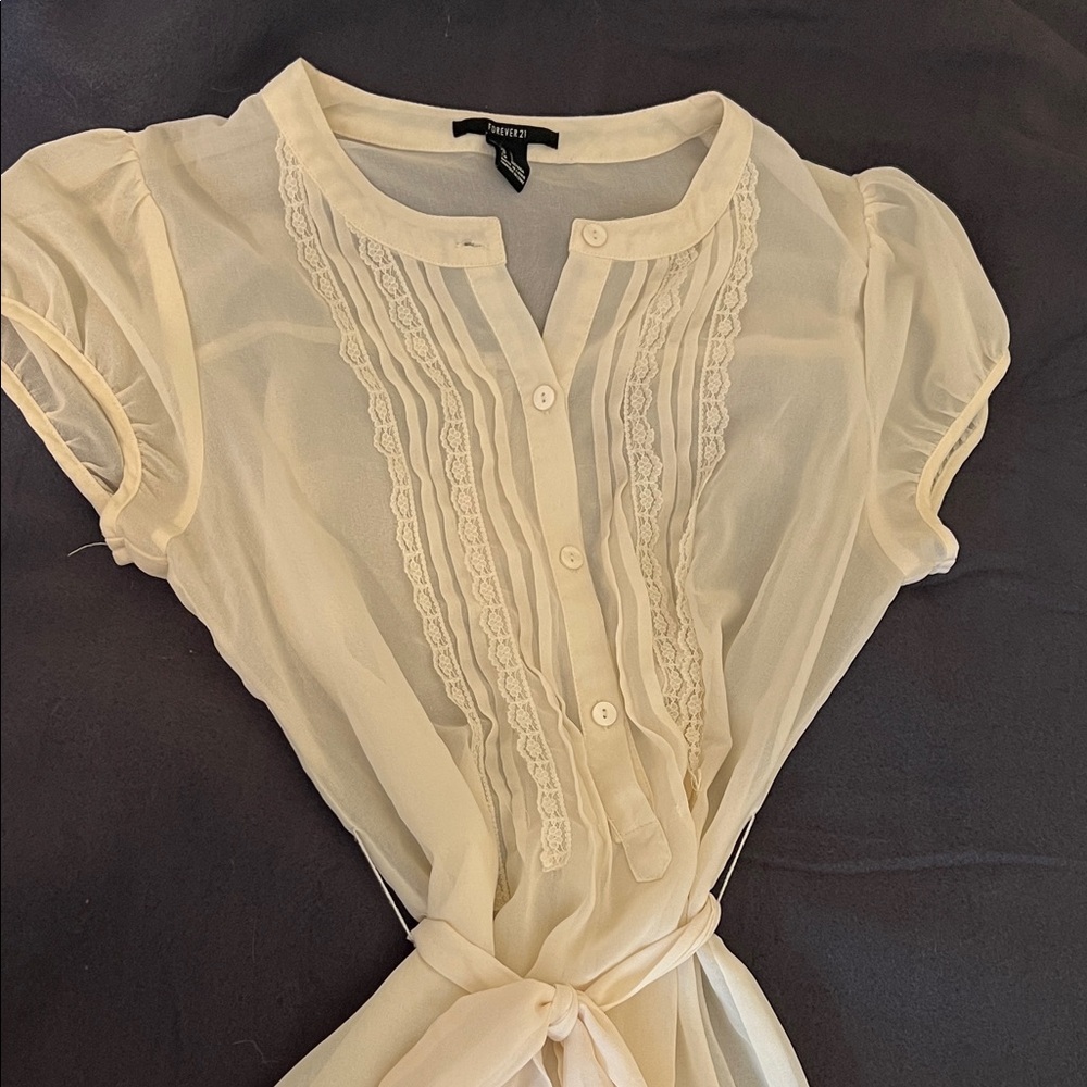Forever 21 Cream Button-Up Blouse with Lace Accents Size S
